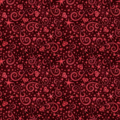 Image of Hearts & Hugs Hearts and Scroll Garnet quilting cotton fabric by Morris Creative Group for QT Fabric. Features shapes on a red background. Cute Little Fabric Shop