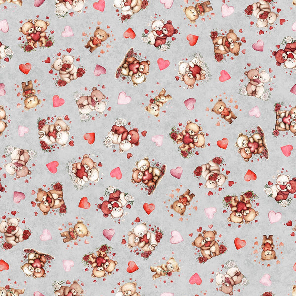 Image of Hearts & Hugs Bears and Hearts Toss Gray quilting cotton fabric by Morris Creative Group for QT Fabric. Features bears on a gray background. Cute Little Fabric Shop
