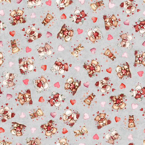 Image of Hearts & Hugs Bears and Hearts Toss Gray quilting cotton fabric by Morris Creative Group for QT Fabric. Features bears on a gray background. Cute Little Fabric Shop