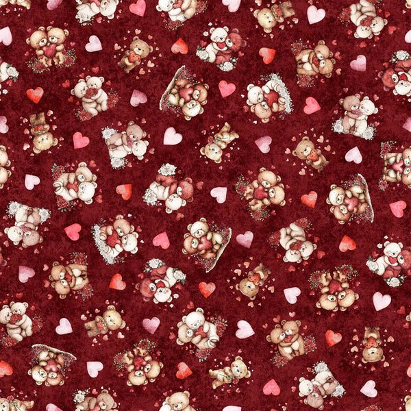 Image of Hearts & Hugs Bears and Hearts Toss Garnet quilting cotton fabric by Morris Creative Group for QT Fabric. Features bears on a red background. Cute Little Fabric Shop
