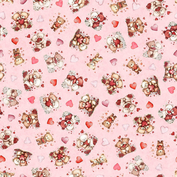 Image of Hearts & Hugs Bears and Hearts Toss Pink quilting cotton fabric by Morris Creative Group for QT Fabric. Features bears on a pink background. Cute Little Fabric Shop