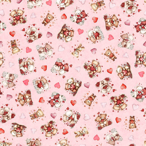 Image of Hearts & Hugs Bears and Hearts Toss Pink quilting cotton fabric by Morris Creative Group for QT Fabric. Features bears on a pink background. Cute Little Fabric Shop