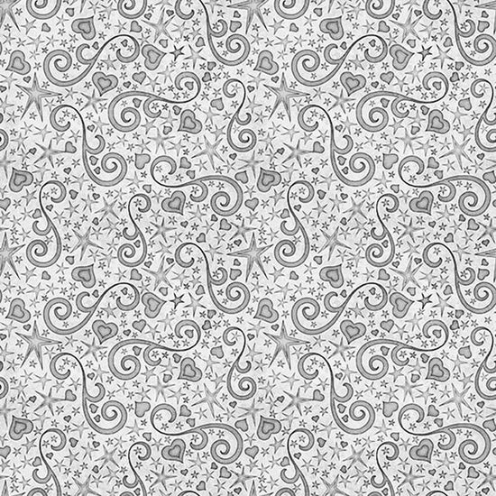 Image of Hearts & Hugs Hearts and Scroll Gray quilting cotton fabric by Morris Creative Group for QT Fabric. Features shapes on a silver background. Cute Little Fabric Shop