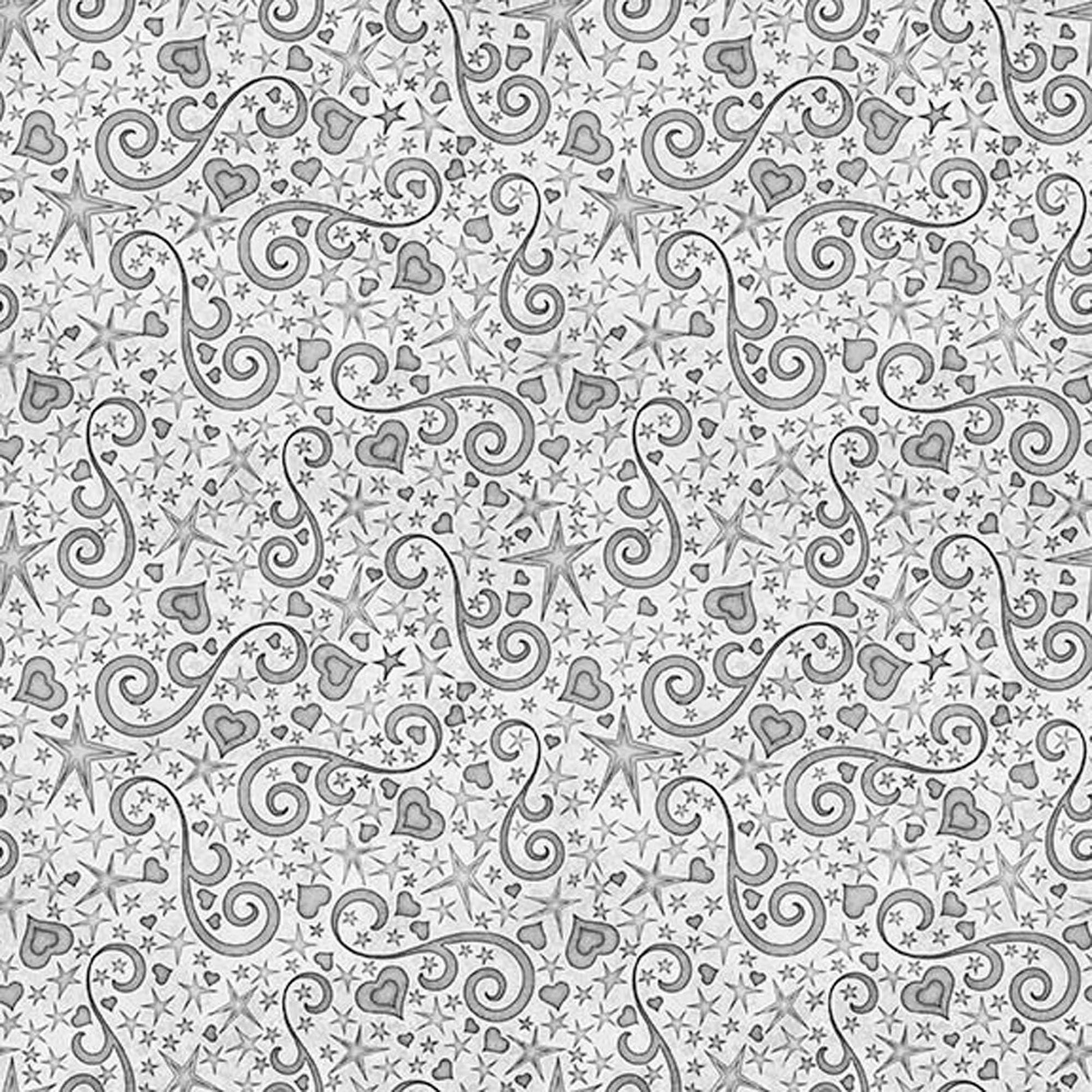 Image of Hearts & Hugs Hearts and Scroll Gray quilting cotton fabric by Morris Creative Group for QT Fabric. Features shapes on a silver background. Cute Little Fabric Shop