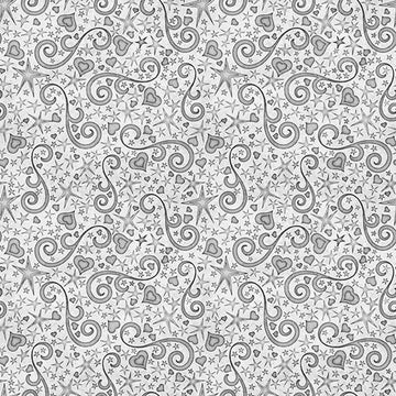 Image of Hearts & Hugs Hearts and Scroll Gray quilting cotton fabric by Morris Creative Group for QT Fabric. Features shapes on a silver background. Cute Little Fabric Shop
