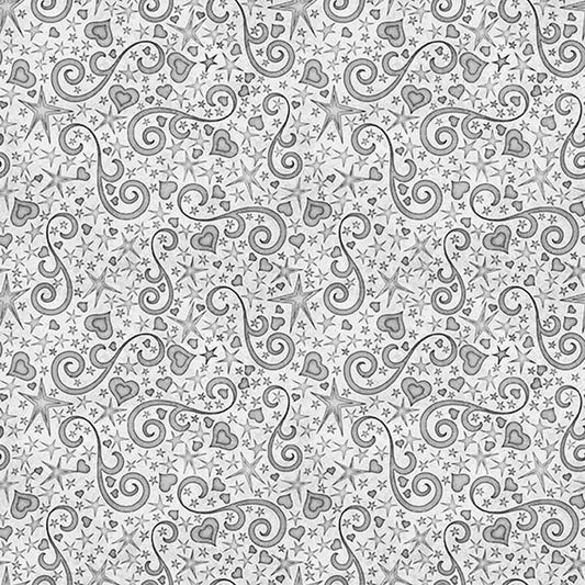 Image of Hearts & Hugs Hearts and Scroll Gray quilting cotton fabric by Morris Creative Group for QT Fabric. Features shapes on a silver background. Cute Little Fabric Shop