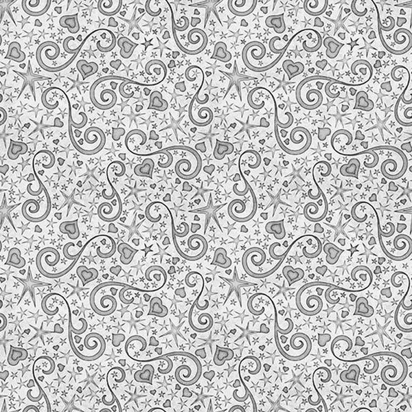 Image of Hearts & Hugs Hearts and Scroll Gray quilting cotton fabric by Morris Creative Group for QT Fabric. Features shapes on a silver background. Cute Little Fabric Shop