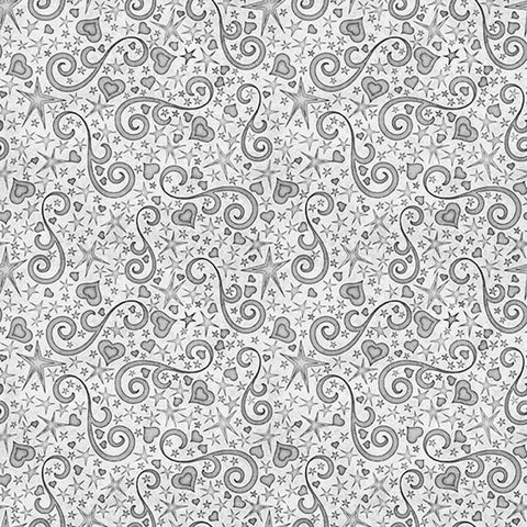 Image of Hearts & Hugs Hearts and Scroll Gray quilting cotton fabric by Morris Creative Group for QT Fabric. Features shapes on a silver background. Cute Little Fabric Shop