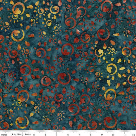Image of Expressions Batiks Places You'll Go Western Reflections Spilled Tea quilting cotton fabric by The RBD Designers for Riley Blake Designs. Features flowers on a blue background. Cute Little Fabric Shop