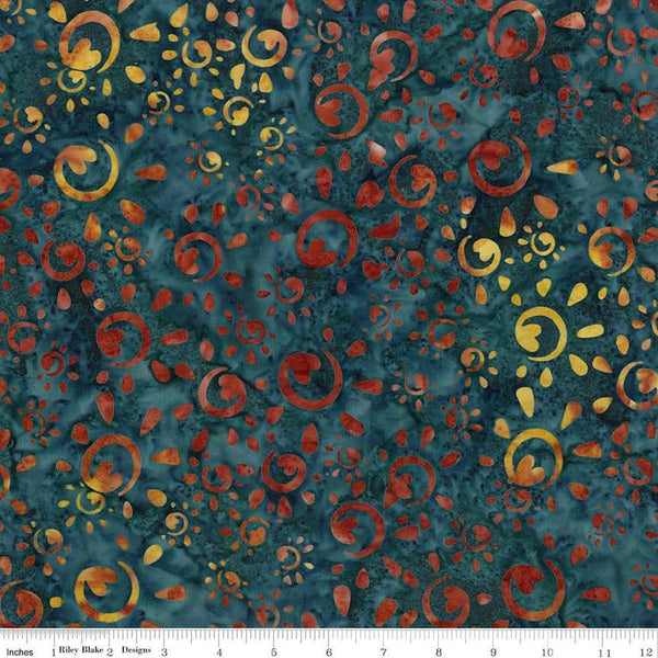 Image of Expressions Batiks Places You&#39;ll Go Western Reflections Spilled Tea quilting cotton fabric by The RBD Designers for Riley Blake Designs. Features flowers on a blue background. Cute Little Fabric Shop