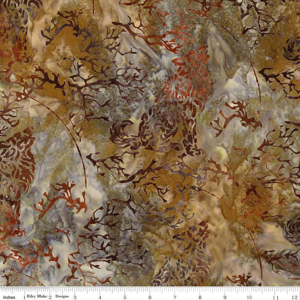 Image of Expressions Batiks Places You&#39;ll Go Western Reflections Mocha Chestnut quilting cotton fabric by The RBD Designers for Riley Blake Designs. Features shapes on a brown background. Cute Little Fabric Shop