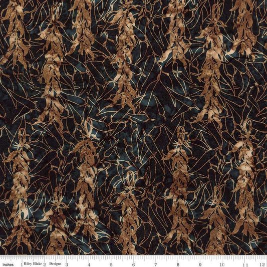 Image of Expressions Batiks Places You'll Go Western Reflections Smoky Teal quilting cotton fabric by The RBD Designers for Riley Blake Designs. Features wheat on a black background. Cute Little Fabric Shop