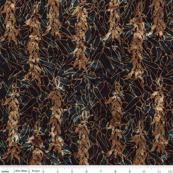 Image of Expressions Batiks Places You&#39;ll Go Western Reflections Smoky Teal quilting cotton fabric by The RBD Designers for Riley Blake Designs. Features wheat on a black background. Cute Little Fabric Shop