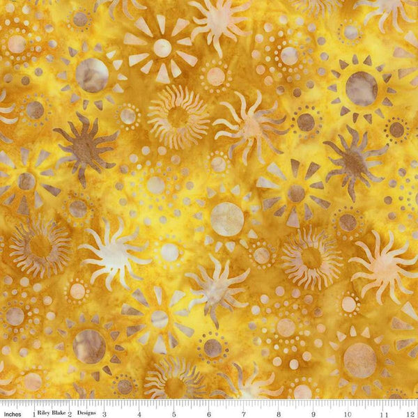 Image of Expressions Batiks Places You&#39;ll Go Western Reflections Sunshine quilting cotton fabric by The RBD Designers for Riley Blake Designs. Features flowers on a yellow background. Cute Little Fabric Shop