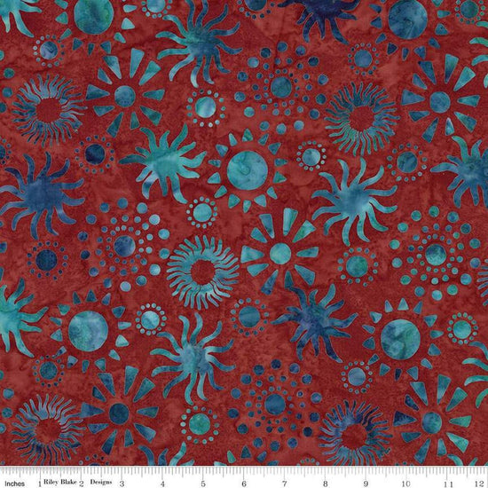 Image of Expressions Batiks Places You'll Go Western Reflections Bronze Sea quilting cotton fabric by The RBD Designers for Riley Blake Designs. Features flowers on a red background. Cute Little Fabric Shop