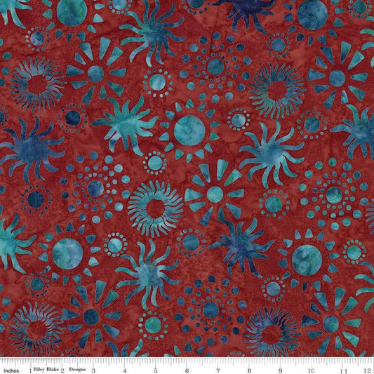 Image of Expressions Batiks Places You'll Go Western Reflections Bronze Sea quilting cotton fabric by The RBD Designers for Riley Blake Designs. Features flowers on a red background. Cute Little Fabric Shop