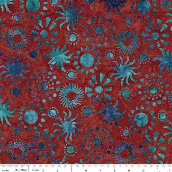 Image of Expressions Batiks Places You&#39;ll Go Western Reflections Bronze Sea quilting cotton fabric by The RBD Designers for Riley Blake Designs. Features flowers on a red background. Cute Little Fabric Shop
