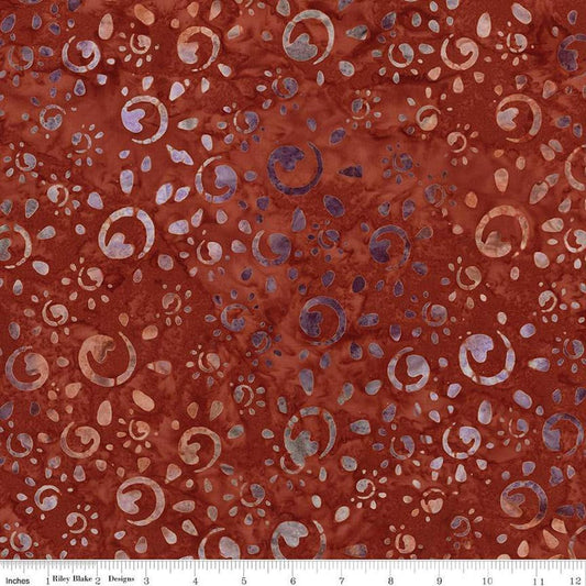 Image of Expressions Batiks Places You'll Go Western Reflections Flamewood quilting cotton fabric by The RBD Designers for Riley Blake Designs. Features circles on a red background. Cute Little Fabric Shop