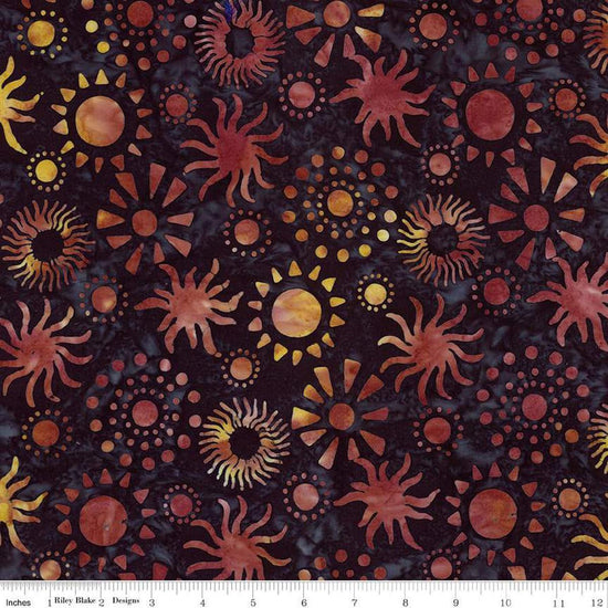 Image of Expressions Batiks Places You'll Go Western Reflections Black Bean quilting cotton fabric by The RBD Designers for Riley Blake Designs. Features suns on a black background. Cute Little Fabric Shop