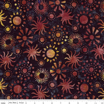 Image of Expressions Batiks Places You'll Go Western Reflections Black Bean quilting cotton fabric by The RBD Designers for Riley Blake Designs. Features suns on a black background. Cute Little Fabric Shop