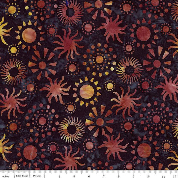 Image of Expressions Batiks Places You&#39;ll Go Western Reflections Black Bean quilting cotton fabric by The RBD Designers for Riley Blake Designs. Features suns on a black background. Cute Little Fabric Shop