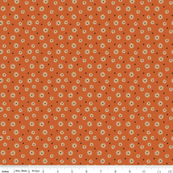 Image of Morning Latte Seedpods Spice quilting cotton fabric by Sandy Gervais for Riley Blake Designs. Features flowers on an orange background. Cute Little Fabric Shop