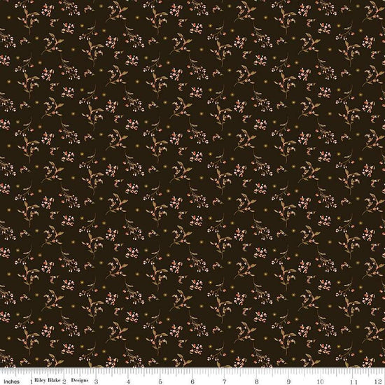 Image of Morning Latte Berries Espresso quilting cotton fabric by Sandy Gervais for Riley Blake Designs. Features berries on a brown background. Cute Little Fabric Shop