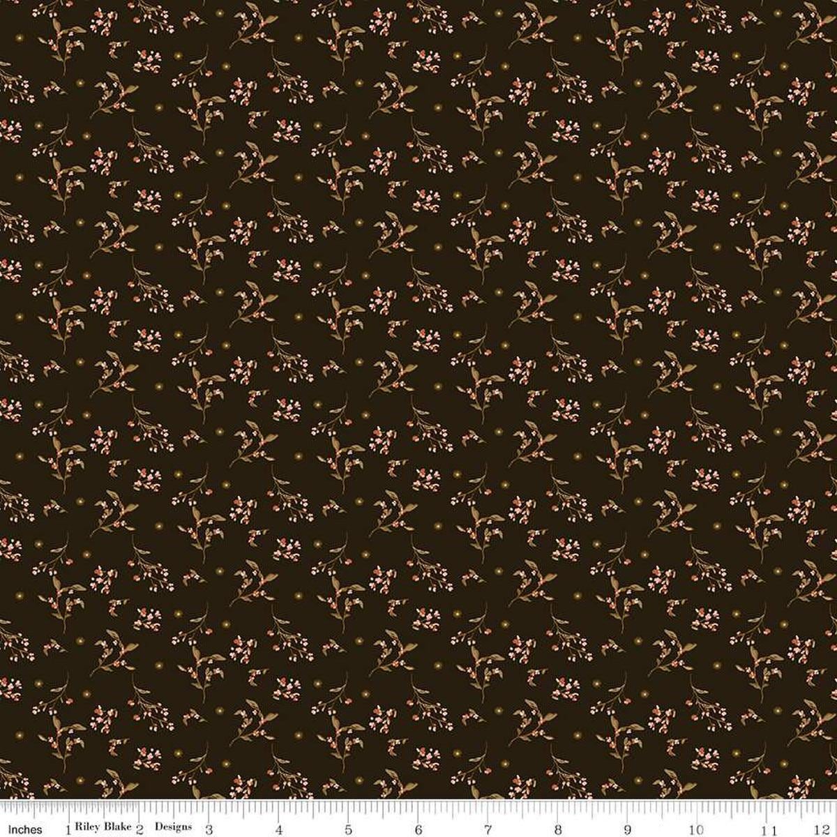 Image of Morning Latte Berries Espresso quilting cotton fabric by Sandy Gervais for Riley Blake Designs. Features berries on a brown background. Cute Little Fabric Shop