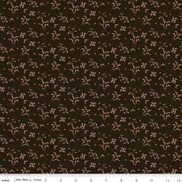 Image of Morning Latte Berries Espresso quilting cotton fabric by Sandy Gervais for Riley Blake Designs. Features berries on a brown background. Cute Little Fabric Shop