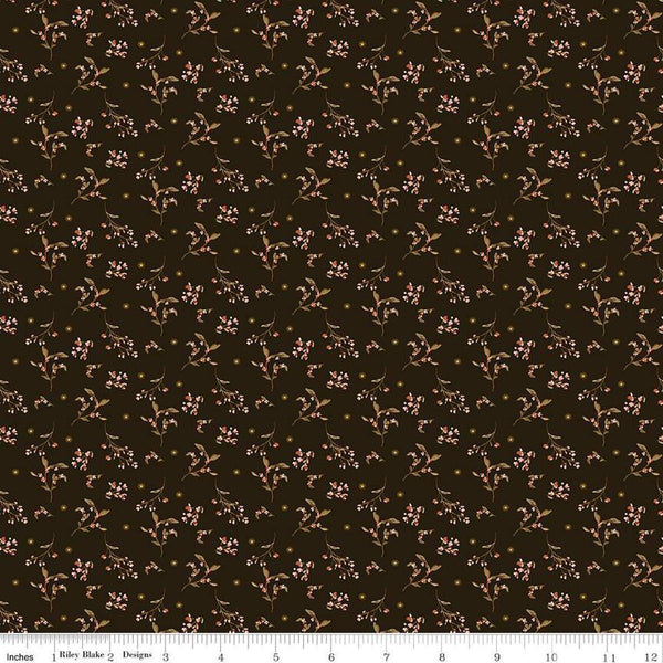 Image of Morning Latte Berries Espresso quilting cotton fabric by Sandy Gervais for Riley Blake Designs. Features berries on a brown background. Cute Little Fabric Shop