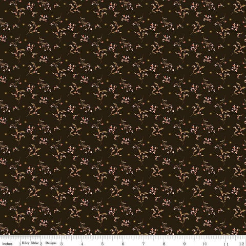Image of Morning Latte Berries Espresso quilting cotton fabric by Sandy Gervais for Riley Blake Designs. Features berries on a brown background. Cute Little Fabric Shop