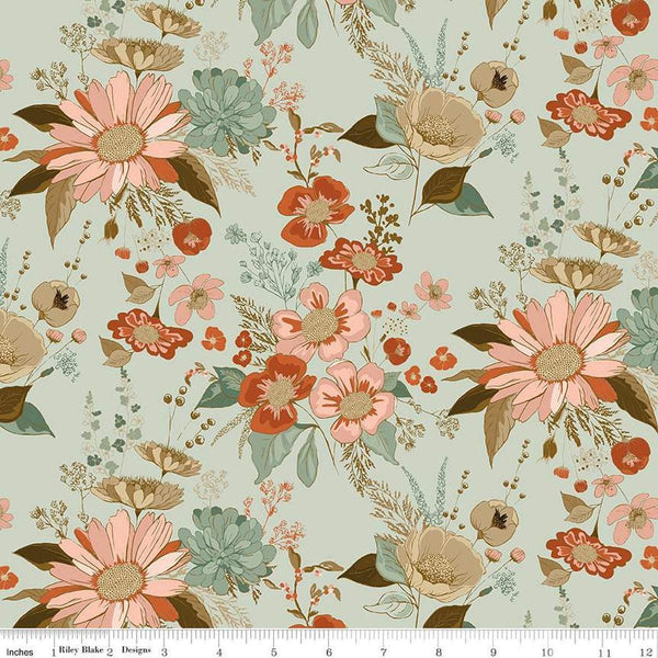 Image of Morning Latte Main Songbird quilting cotton fabric by Sandy Gervais for Riley Blake Designs. Features flowers on a green background. Cute Little Fabric Shop