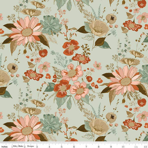 Image of Morning Latte Main Songbird quilting cotton fabric by Sandy Gervais for Riley Blake Designs. Features flowers on a green background. Cute Little Fabric Shop