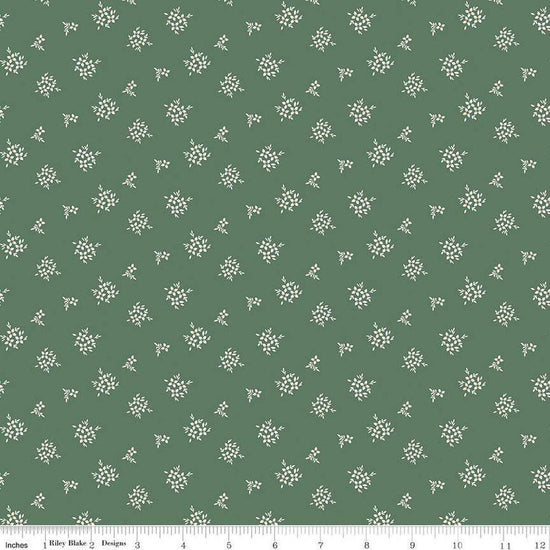 Image of Morning Latte Ditsy Green quilting cotton fabric by Sandy Gervais for Riley Blake Designs. Features flowers on a green background. Cute Little Fabric Shop