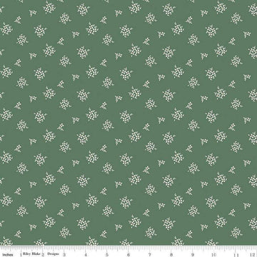 Image of Morning Latte Ditsy Green quilting cotton fabric by Sandy Gervais for Riley Blake Designs. Features flowers on a green background. Cute Little Fabric Shop