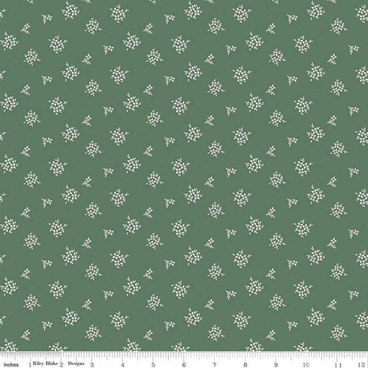 Image of Morning Latte Ditsy Green quilting cotton fabric by Sandy Gervais for Riley Blake Designs. Features flowers on a green background. Cute Little Fabric Shop