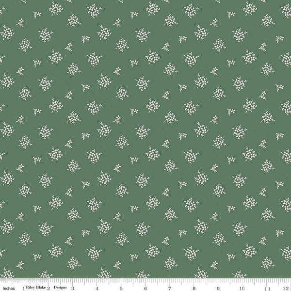 Image of Morning Latte Ditsy Green quilting cotton fabric by Sandy Gervais for Riley Blake Designs. Features flowers on a green background. Cute Little Fabric Shop