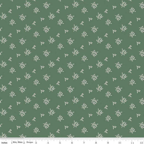 Image of Morning Latte Ditsy Green quilting cotton fabric by Sandy Gervais for Riley Blake Designs. Features flowers on a green background. Cute Little Fabric Shop