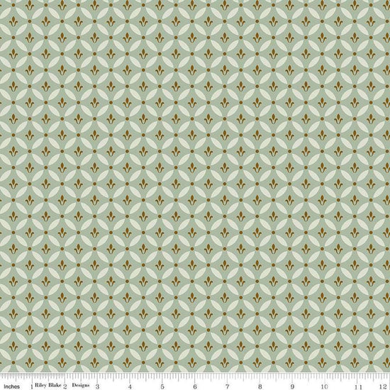 Image of Morning Latte Tile Aloe quilting cotton fabric by Sandy Gervais for Riley Blake Designs. Features geometric designs on a green background. Cute Little Fabric Shop