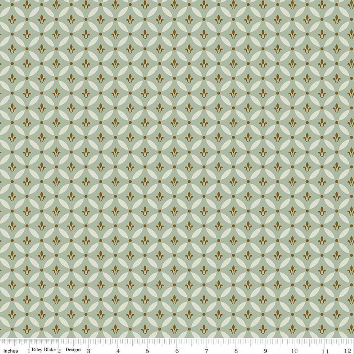 Image of Morning Latte Tile Aloe quilting cotton fabric by Sandy Gervais for Riley Blake Designs. Features geometric designs on a green background. Cute Little Fabric Shop