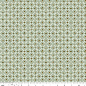 Image of Morning Latte Tile Aloe quilting cotton fabric by Sandy Gervais for Riley Blake Designs. Features geometric designs on a green background. Cute Little Fabric Shop