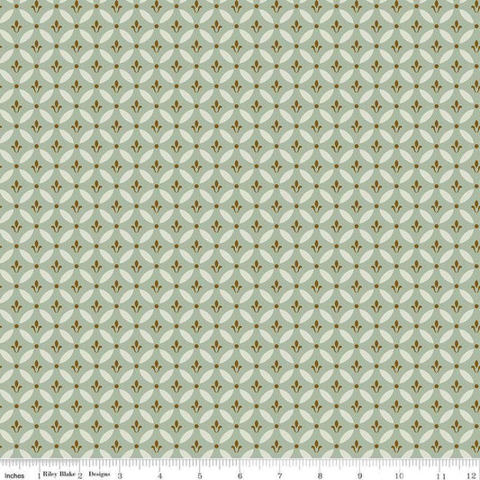 Image of Morning Latte Tile Aloe quilting cotton fabric by Sandy Gervais for Riley Blake Designs. Features geometric designs on a green background. Cute Little Fabric Shop