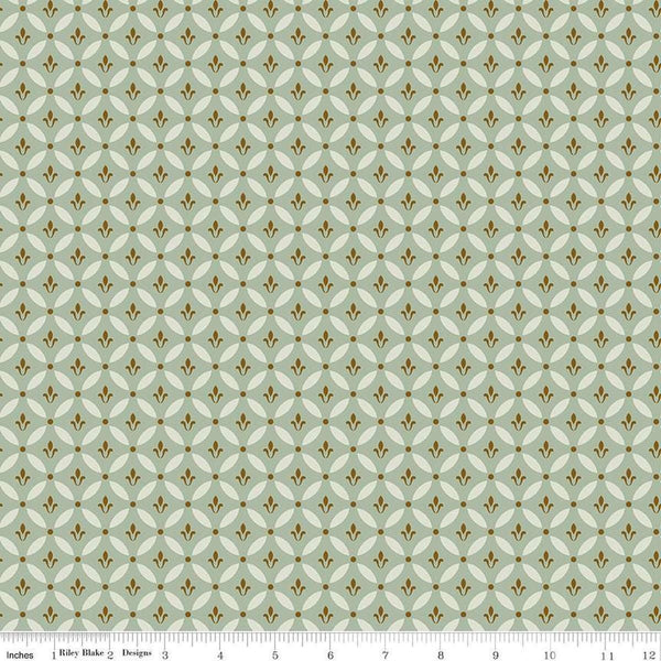 Image of Morning Latte Tile Aloe quilting cotton fabric by Sandy Gervais for Riley Blake Designs. Features geometric designs on a green background. Cute Little Fabric Shop