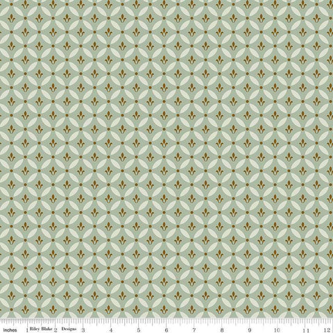 Image of Morning Latte Tile Aloe quilting cotton fabric by Sandy Gervais for Riley Blake Designs. Features geometric designs on a green background. Cute Little Fabric Shop