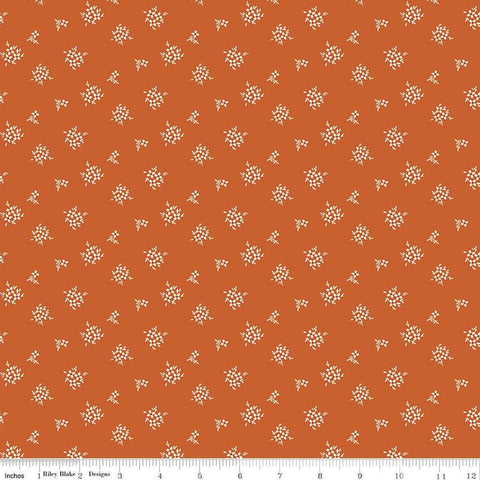Image of Morning Latte Ditsy Spice quilting cotton fabric by Sandy Gervais for Riley Blake Designs. Features flowers on an orange background. Cute Little Fabric Shop
