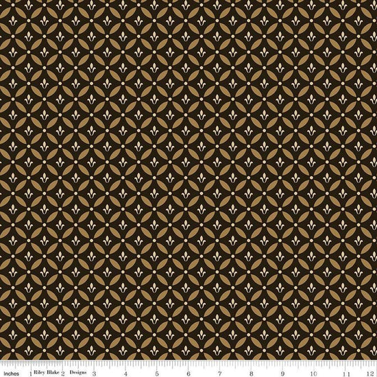 Image of Morning Latte Tile Espresso quilting cotton fabric by Sandy Gervais for Riley Blake Designs. Features geometric designs on a brown background. Cute Little Fabric Shop