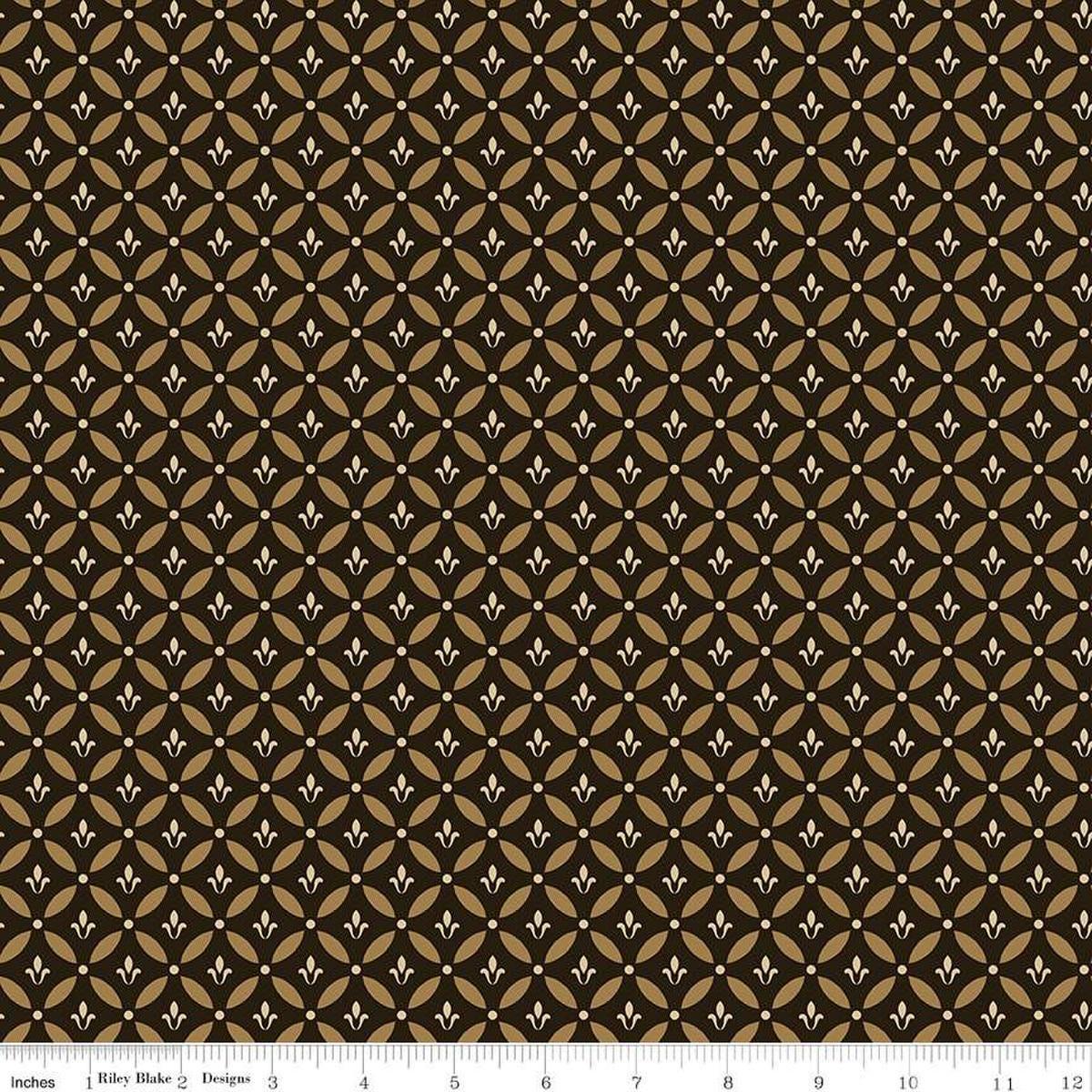Image of Morning Latte Tile Espresso quilting cotton fabric by Sandy Gervais for Riley Blake Designs. Features geometric designs on a brown background. Cute Little Fabric Shop