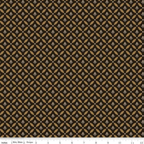 Image of Morning Latte Tile Espresso quilting cotton fabric by Sandy Gervais for Riley Blake Designs. Features geometric designs on a brown background. Cute Little Fabric Shop