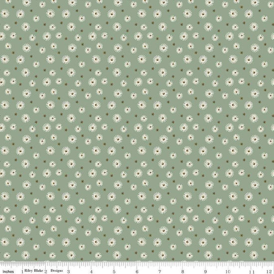 Image of Morning Latte Seedpods Aloe quilting cotton fabric by Sandy Gervais for Riley Blake Designs. Features flowers on a green background. Cute Little Fabric Shop