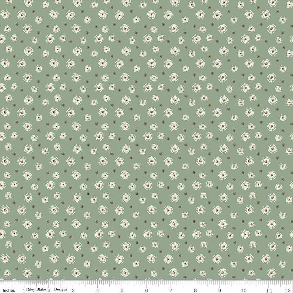 Image of Morning Latte Seedpods Aloe quilting cotton fabric by Sandy Gervais for Riley Blake Designs. Features flowers on a green background. Cute Little Fabric Shop